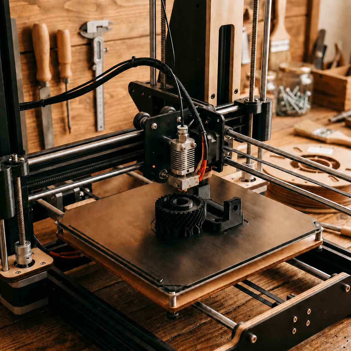 Ein moderner Desktop-3D-Drucker druckt ein präzises technisches Zahnradteil in einer warmen Holzwerkstatt