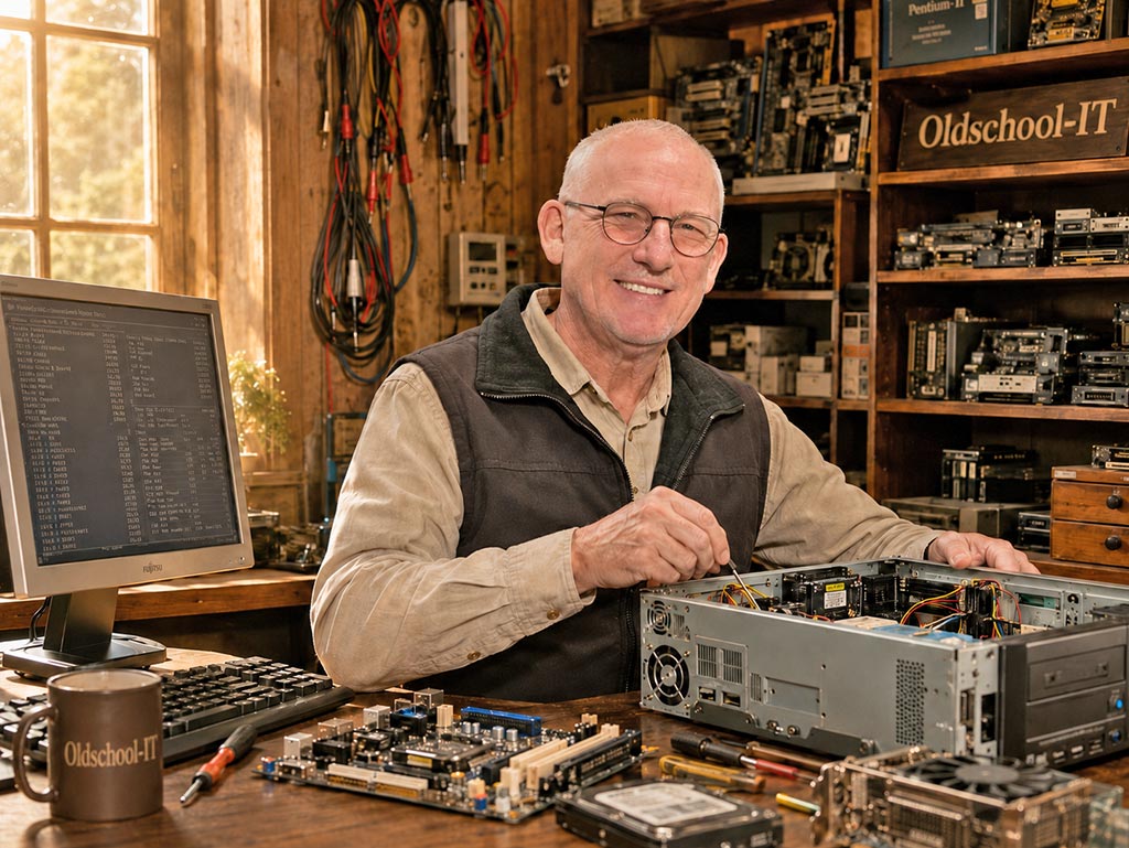 Erfahrener IT-Helfer bei der Arbeit an einem Computer in einer warmen Werkstattumgebung